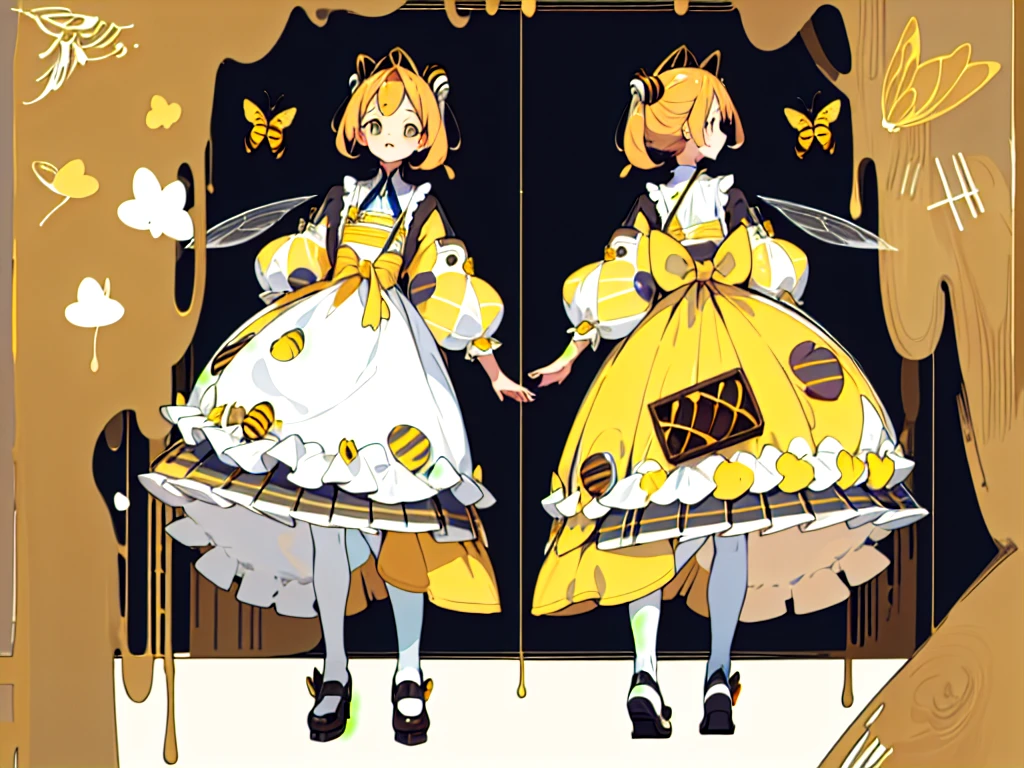 (Golden Ratio:1.2),[White background:1.4)::10],(masterpiece), (Highest quality), (Super detailed),制Clothing design、Clothing design、apron、sweets屋さんの服、Yellow Stripes、Frills、sweets、On the theme of brown and yellow、two kinds、For men、For women、Design drawing、melt、Honey、Bee design、men and women、two kindsのデザインを並べて、cool、cool、three views