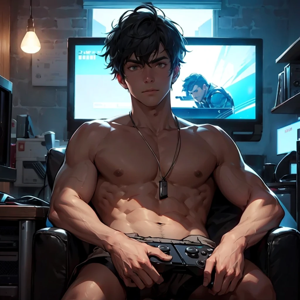 1 guy, open shirt, gaming chair, video games, dark room, RGB light, toned male, nice hands, perfect hands. facing toward computer, dark hair, semi-realism, masculine ((Strong men's:1.3)),((black hair:1.3)),(Shiny marble eyes:1.45),(NSFW:1.15),((very short hair:1.2)),(A lustrous, soft face:1.4),((blush、Mischievous Smile、Excited face:1.2)),((head down:1.3)),((Short sleeve:1.3)),(black、yellow、white、pink),((beautiful image:1.2)),((high Quality:1.2)),((perfect pixiv:1.2)),upper body