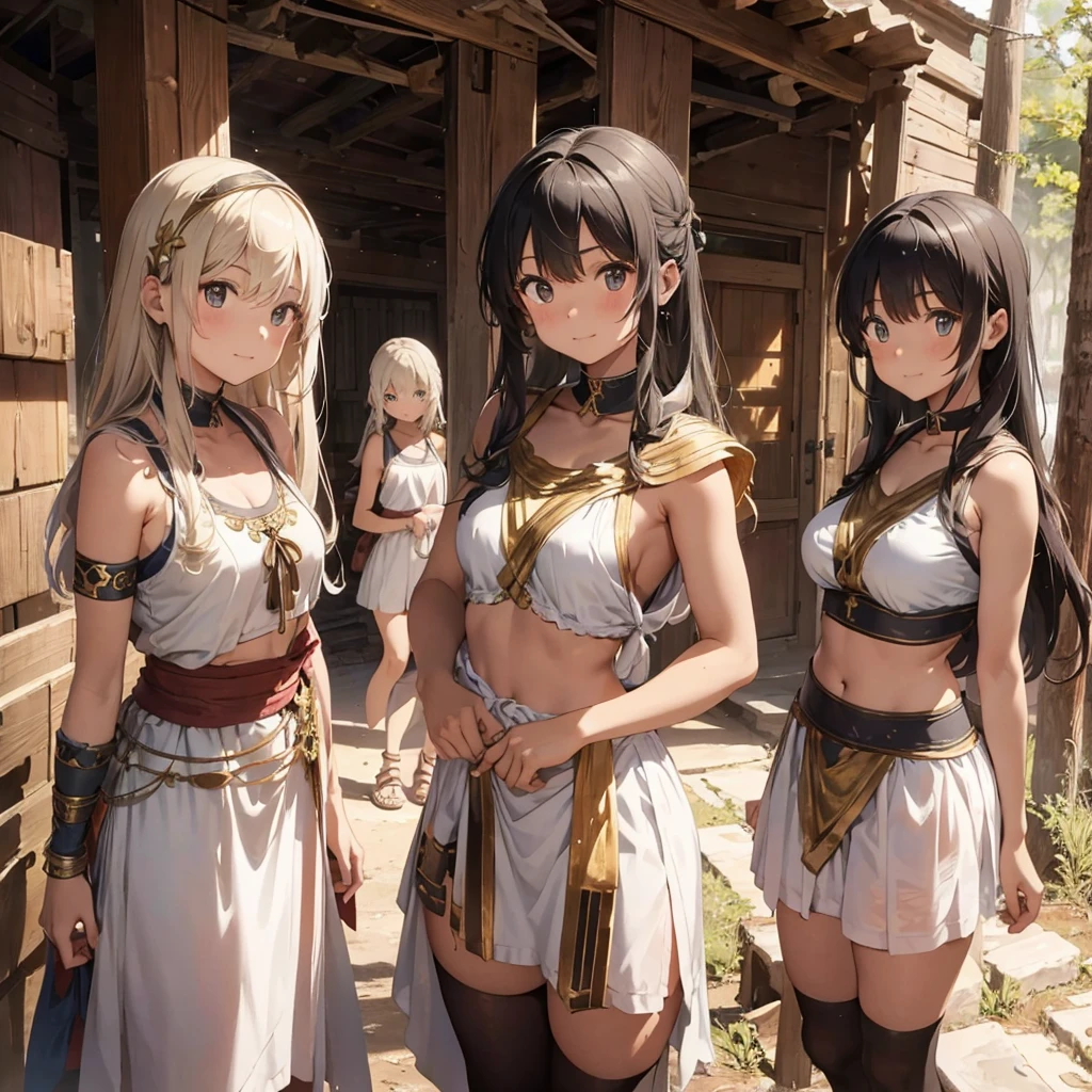 young greek warriors girls in togas , only girls , forest in the background ,four girls, sandals , close to the viewer,, sexy , multiple girls ,exposed belly, curves , black hair , blonde hair , white hair , light armor , knee pads, elbow pads,