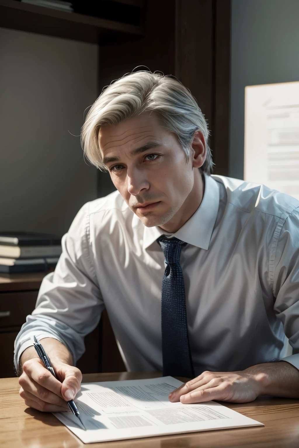 create a male lawyer in his office with an appearance of approximately 54 years old, white, brown eyes, little gray hair, 1.80 m tall and approximately 95 km tall, sitting at a work table, with a pen in his hand and signing documents looking forward, sparkle, glowing light, depth of field, image fill, silhouette, accurate, anatomically correct, high quality, 8k