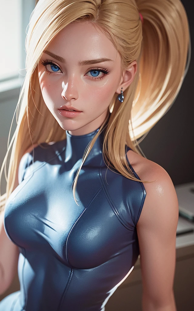 portrait, realistic, elegant woman, zero suit, blue eyes, blonde hair, 4k resolution, Hyper Realistic