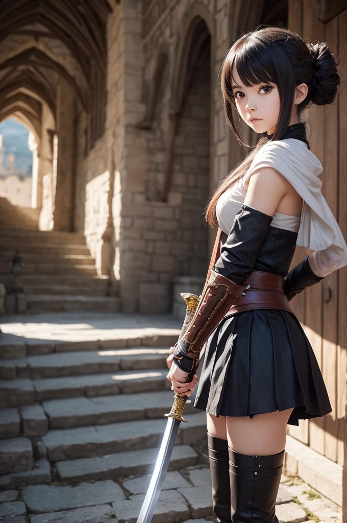 Create a cute anime character with a sword, in the background of the photo a medieval world