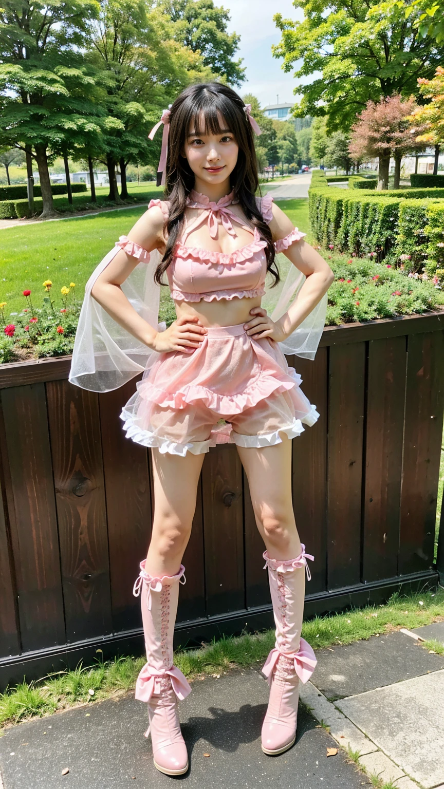 (8k、RAW Photos、Highest quality、masterpiece:1.2)、(Realistic、Realistic)、1 Girl、((whole body、Off the shoulder、black and pink dress、Skin visible、ribbon、Exposed、Sandals、garter belt、garden、View from the front、smile、Fluttering in the wind、Looking at the camera、See-through、Standing with hands on hips))、cute