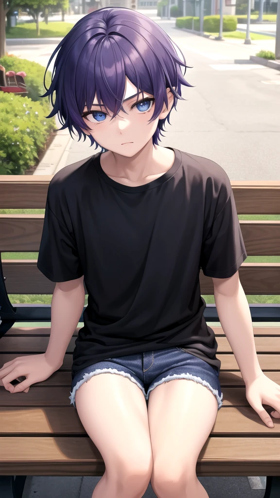 masterpiece, best quality, high quality, ,dark forsest, 1boy, solo, 14-year-old boy,male focus, looking at viewer , purple hair,black T-shirt ,blue jean shorts, blue eyes, sitting on a bench 