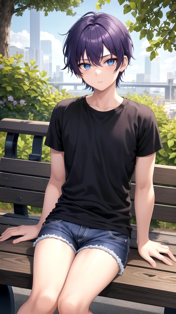 masterpiece, best quality, high quality, ,dark forsest, 1boy, solo, 14-year-old boy,male focus, looking at viewer , purple hair,black T-shirt ,blue jean shorts, blue eyes, sitting on a bench