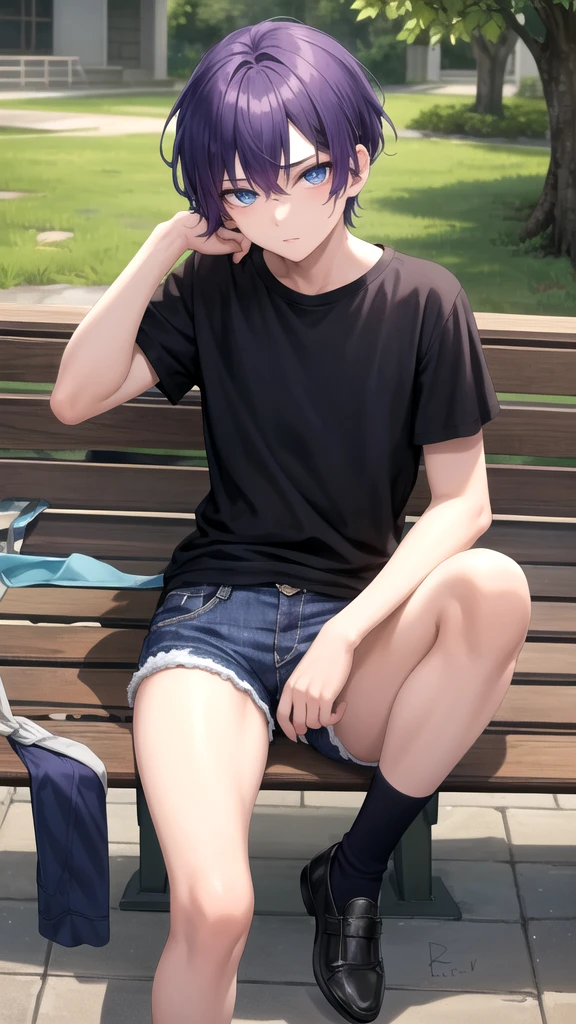 masterpiece, best quality, high quality, ,dark forsest, 1boy, solo, boy,male focus, looking at viewer , purple hair,black T-shirt ,blue jean shorts, blue eyes, sitting on a bench