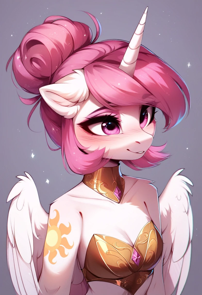 check_9, check_8_up, check_7_up, source_fluffy, rating_safe, from Magnaluna, Celestia poses seductively in a white bedroom, dark pink mane with gold stripes in it, hair bun with bangs, pink eyes, white body, anthro, blushing, wearing goldern lingerie 