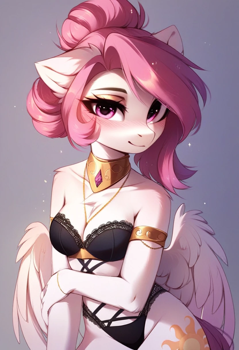 check_9, check_8_up, check_7_up, source_fluffy, rating_safe, from Magnaluna, Celestia poses seductively in a white bedroom, dark pink mane with gold stripes in it, hair bun with bangs, pink eyes, white body, anthro, blushing, wearing goldern lingerie