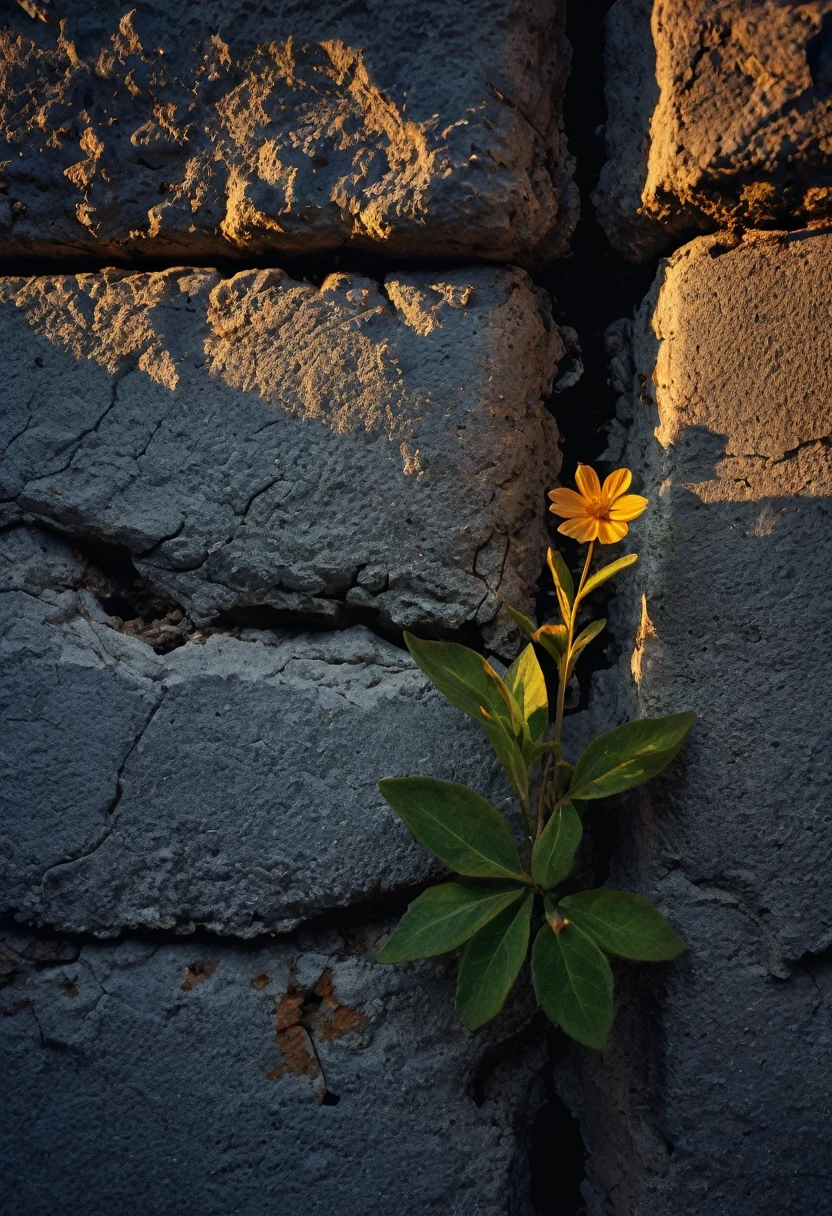 a wild flower growing in a crack in a wall, extremely detailed photograph, crepuscular lighting, fujifilm provia 400x, massurrealism, luminous shadows, renaissance-inspired chiaroscuro, HDRI
