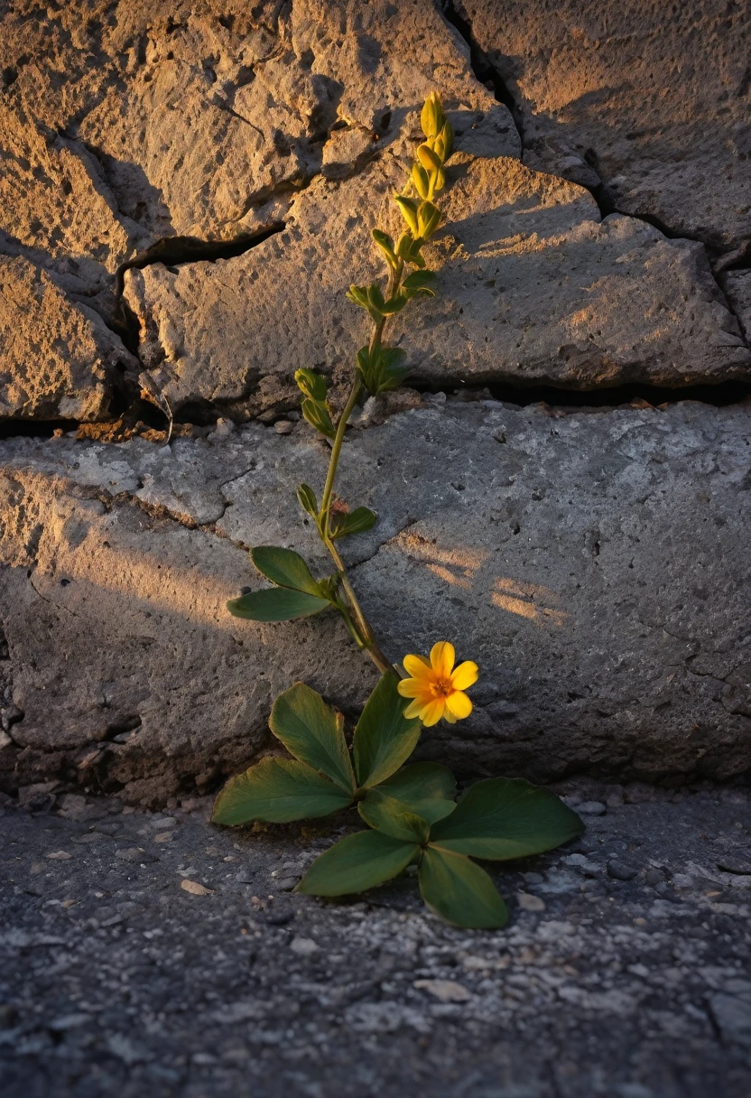 a wild flower growing in a crack in a wall, extremely detailed photograph, crepuscular lighting, fujifilm provia 400x, massurrealism, luminous shadows, renaissance-inspired chiaroscuro, HDRI