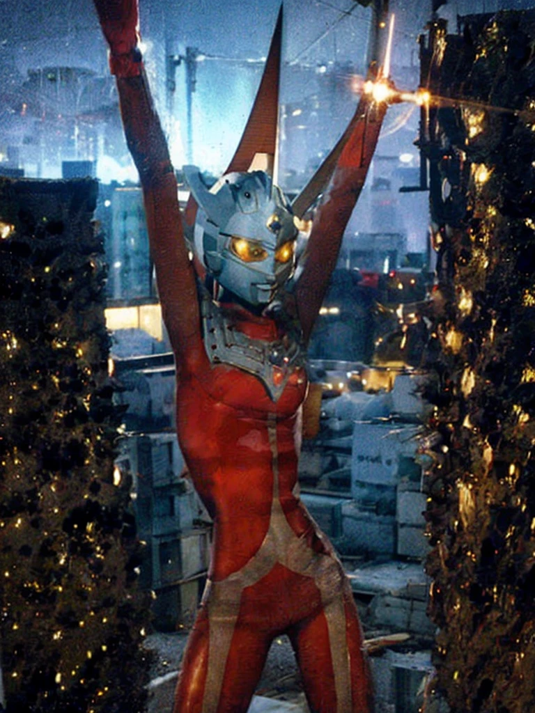 photo realistic,Between the buildings of Tokyo at night、A skinny, naked Ultraman Taro crucified on a giant Xcross、Covered in scars、Lift your head up and ask for help、There are lots of small helicopters circling around.、Helicopter spotlight on penis
