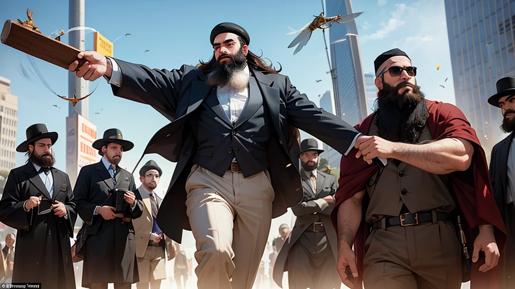 Twelve short ultra-Orthodox Jews with beards run away from three giant, strong and heroic gentiles tall as high as the sky in everyone's eyes there are grasshoppers