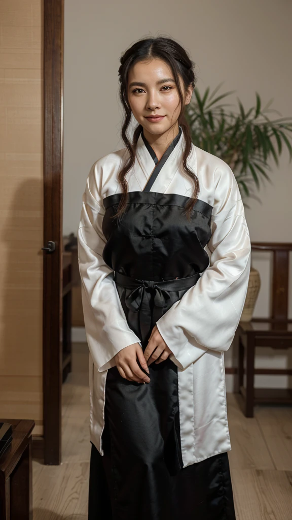shukezouma, negative space, , shuimobysim , portrait of a standing woman , scoops of sauce, (Masterpiece, Best Quality:1.2), traditional chinese ink painting, model shoot style, peaceful, (SMILE), looking at the viewer, wearing long hanfu, hanfu, song, willow in the background, wuchangshuo,