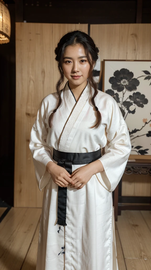 shukezouma, negative space, , shuimobysim , portrait of a standing woman , scoops of sauce, (Masterpiece, Best Quality:1.2), traditional chinese ink painting, model shoot style, peaceful, (SMILE), looking at the viewer, wearing long hanfu, hanfu, song, willow in the background, wuchangshuo,