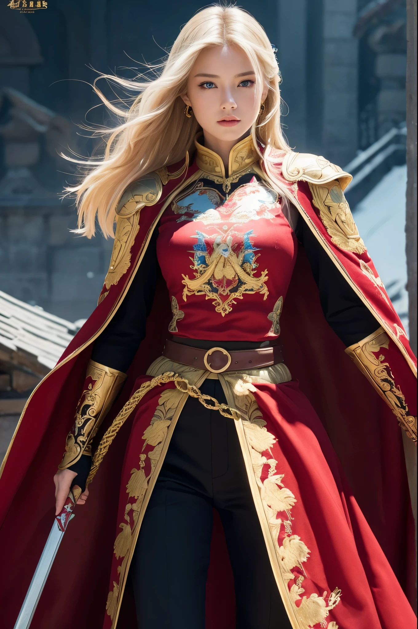 8K,Blonde princess in gorgeous red, white, Black and blue breastplate, Super Beauty(Like the real thing)Realistic Skin,美しいPrincess Night,blue eyes, Princess Night, ((美しい幻想的なPrincess Night)), Elegant , gorgeous princess paladin, 美しいPrincess Night,Ultra-high resolution,masterpiece,Surreal,Fantasy art,curator art,Cinestill 800,Captivating Gaze,Sexy,Close-up,Sexyな胸鎧,細くMuscularな身体,Battle Scenes,Action Scenes,Action pose,Equipped with a rapier on the waist,Royal coat of arms engraved on the breastplate,red and white luxurious cloak,Fight the enemy,Slender body,Muscular,gorgeous red and black pants(Gold embroidery),Small breasts,Childish appearance,Rugged appearance,身長が低いPrincess Night,