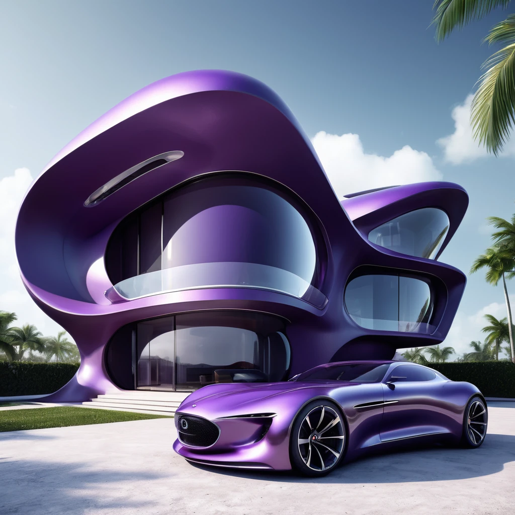 a futuristic house with a car parked in front of it, cgsocietywlop, beautiful curves, purple drapes, intricate devilish designs, qualia, interesting shapes & form, wow factor, elaborate polished, architectural rendering, miami, futuristic battlefield, inspired by James E. Brewton, precise architectural rendering