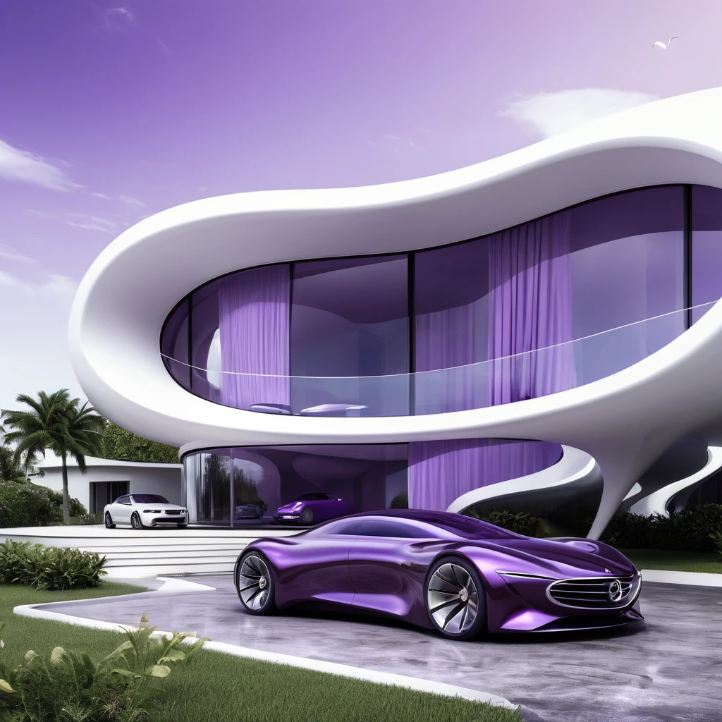 a futuristic house with a car parked in front of it, cgsocietywlop, beautiful curves, purple drapes, intricate devilish designs, qualia, interesting shapes & form, wow factor, elaborate polished, architectural rendering, miami, futuristic battlefield, inspired by James E. Brewton, precise architectural rendering