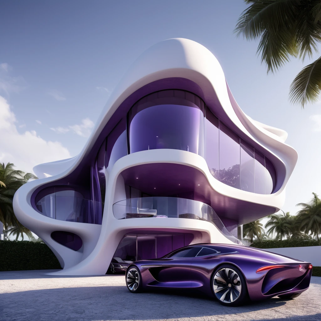 a futuristic house with a car parked in front of it, cgsocietywlop, beautiful curves, purple drapes, intricate devilish designs, qualia, interesting shapes & form, wow factor, elaborate polished, architectural rendering, miami, futuristic battlefield, inspired by James E. Brewton, precise architectural rendering