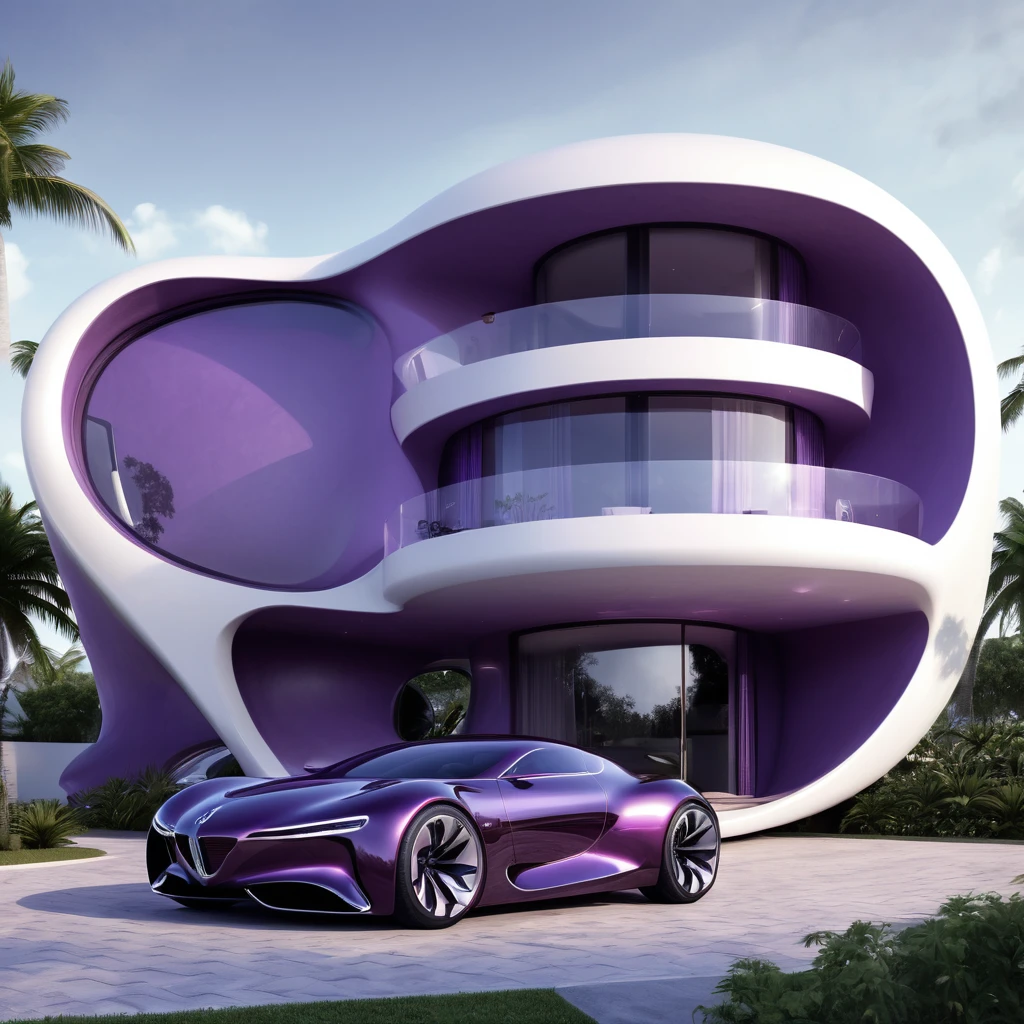 a futuristic house with a car parked in front of it, cgsocietywlop, beautiful curves, purple drapes, intricate devilish designs, qualia, interesting shapes & form, wow factor, elaborate polished, architectural rendering, miami, futuristic battlefield, inspired by James E. Brewton, precise architectural rendering