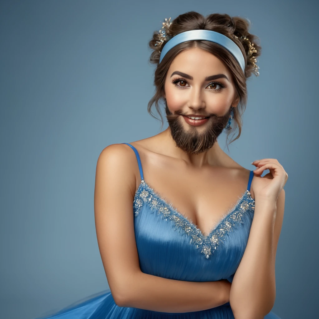 
precise portrait, bearded woman with well-trimmed hairy and shaggy beard, mid-length brown hair with a headband, cute and naughty brown eyes, blue dancer's dress