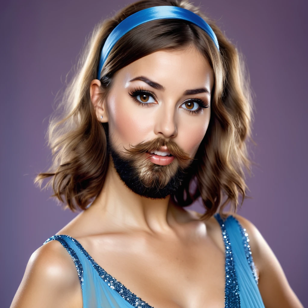 precise portrait, bearded woman with well-trimmed hairy and shaggy beard, mid-length brown hair with a headband, cute and naughty brown eyes, blue dancer's dress