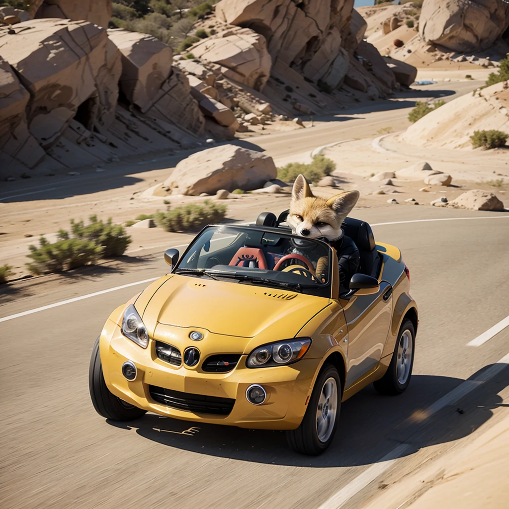 Make a colorful art of a cartoon fennec driving a sports car , about to win