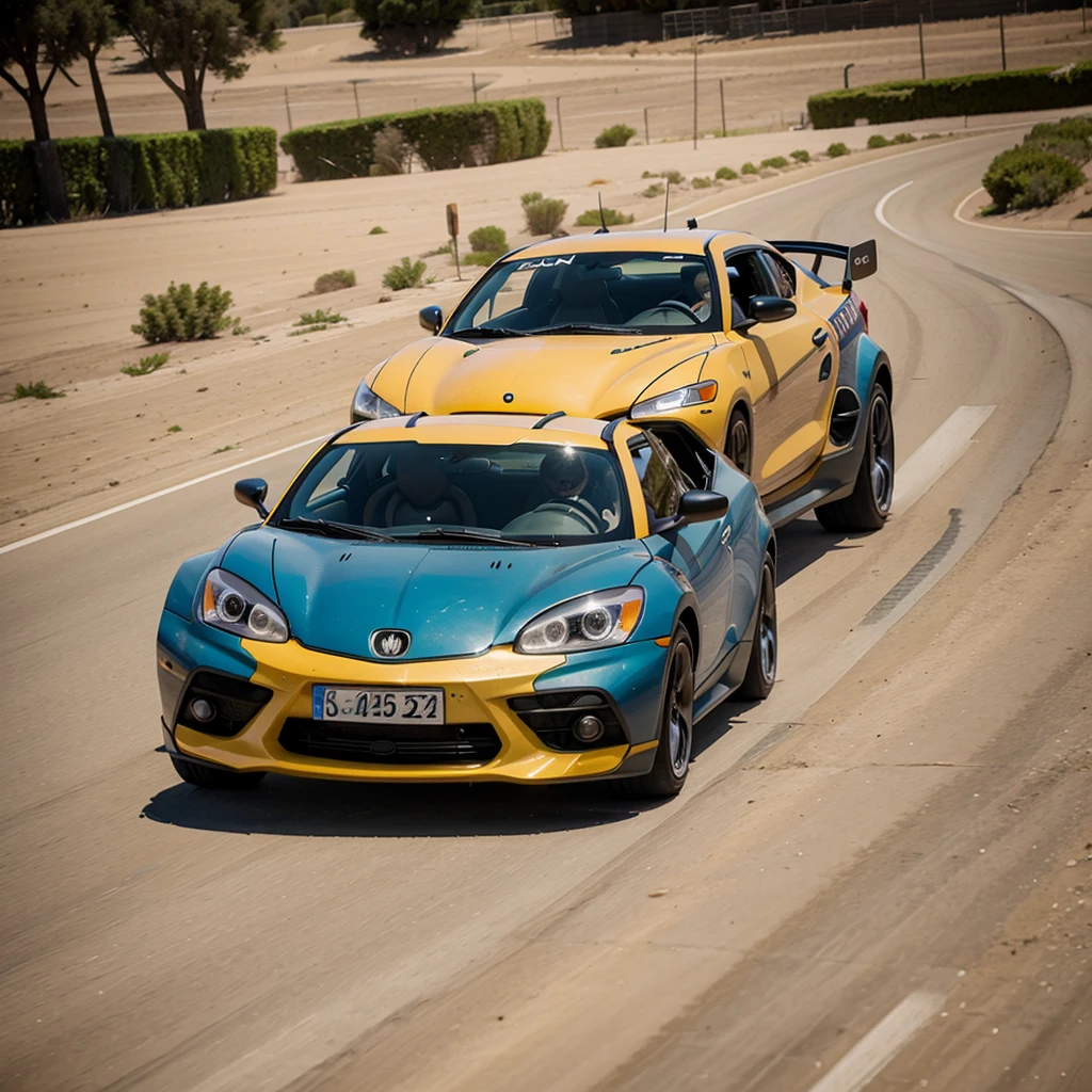 Make a colorful art of a cartoon fennec driving a sports car , about to win 