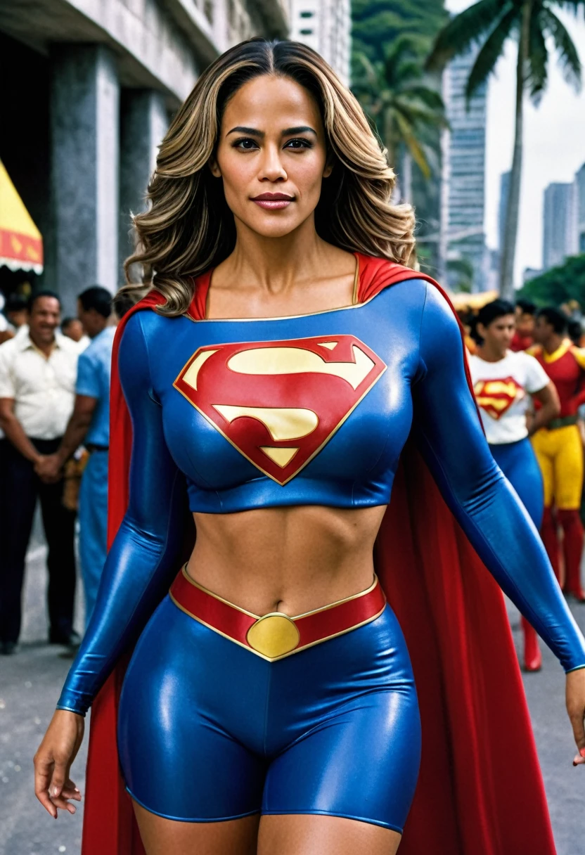 Rio de Janeiro; Paula Patton Supergirl 1984s DC costume; HD. Photograph, ((realism)), extremely high quality RAW photograph, ultra detailed photograph, sharp focus, high resolution, (detailed skin:1,3),high quality, film grain, Fujifilm XT3,Highly Detailed, movie, (Cinematic Photo:1.3) of (Realistic:1.3); 2000s movies