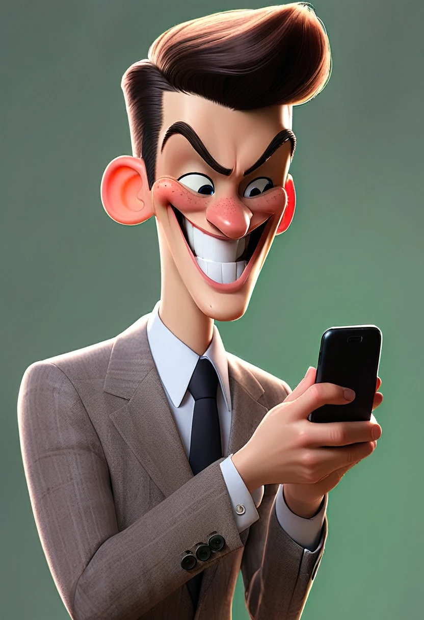 Image shows a young man in a suit smiling and winking with one eye.  He has one hand forward showing the cell phone screen.