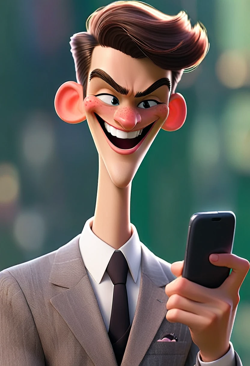 Image shows a young man in a suit smiling and winking with one eye. He has one hand forward showing the cell phone screen.