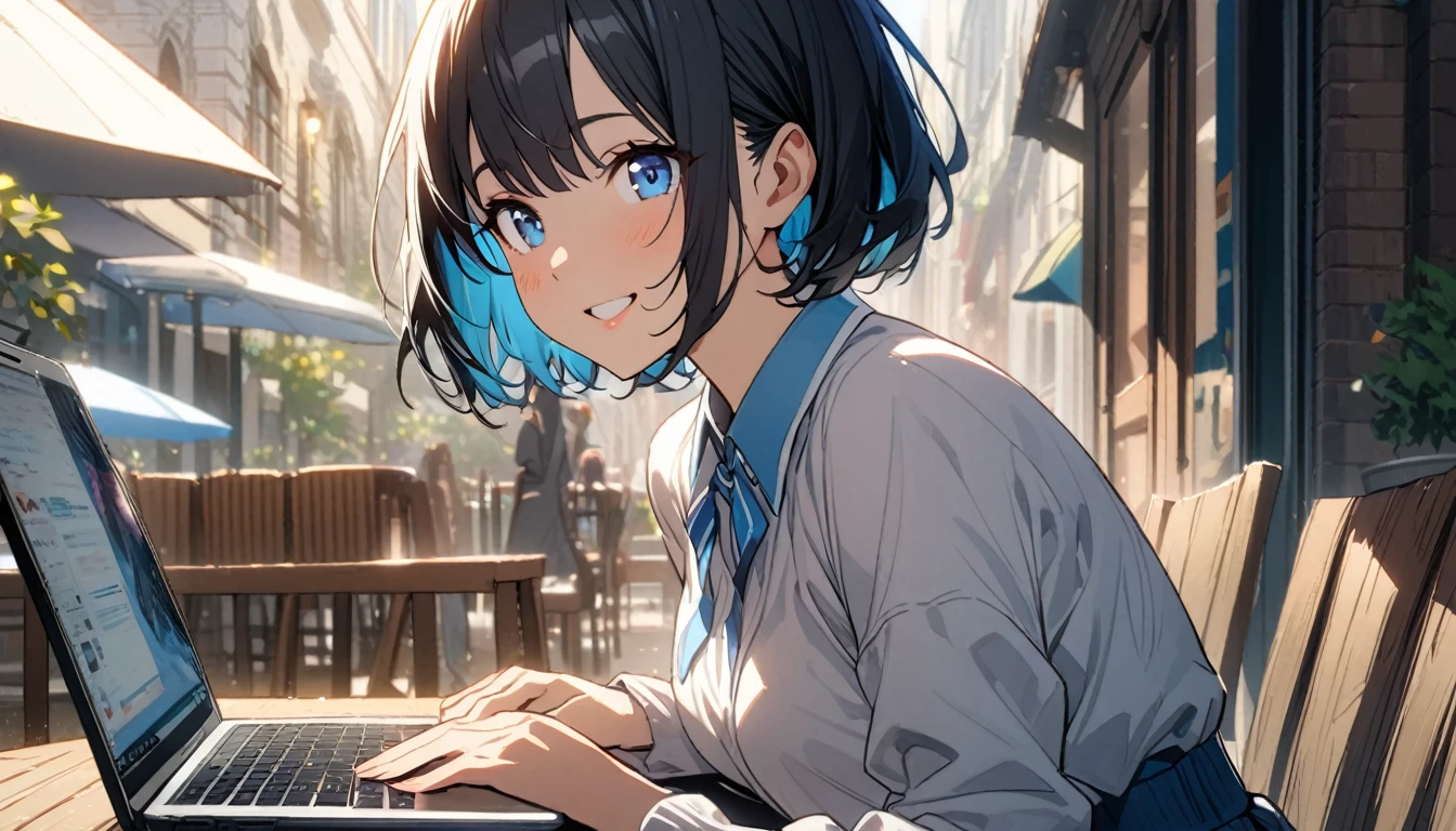 (1girl in),(beautiful blue eyes finely detailed、Face to detail、masterpiece sidelighting、​masterpiece、top-quality、detaileds、High resolution illustration),Woman using laptop on the open terrace of a fashionable café、18year old、OL、Everyday clothes、A smile、frontage、The upper part of the body、black hair、Short bob hair、The upper part of the body、