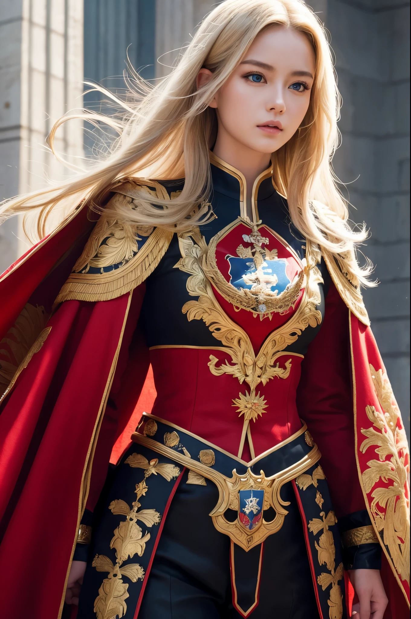 8K,Blonde princess in gorgeous red, white, Black and blue breastplate, Super Beauty(Like the real thing)Realistic Skin,美しいPrincess Night,blue eyes, Princess Night, ((美しい幻想的なPrincess Night)), Elegant , gorgeous princess paladin, 美しいPrincess Night,Ultra-high resolution,masterpiece,Surreal,Fantasy art,curator art,Cinestill 800,Captivating Gaze,Sexy,Close-up,Sexyな胸鎧,細くMuscularな身体,Battle Scenes,Action Scenes,Action pose,Equipped with a rapier on the waist,Royal coat of arms engraved on the breastplate,red and white luxurious cloak,Fight the enemy,Slender body,Muscular,gorgeous red and black pants(Gold embroidery),Small breasts,Childish appearance,Rugged appearance,身長が低いPrincess Night,