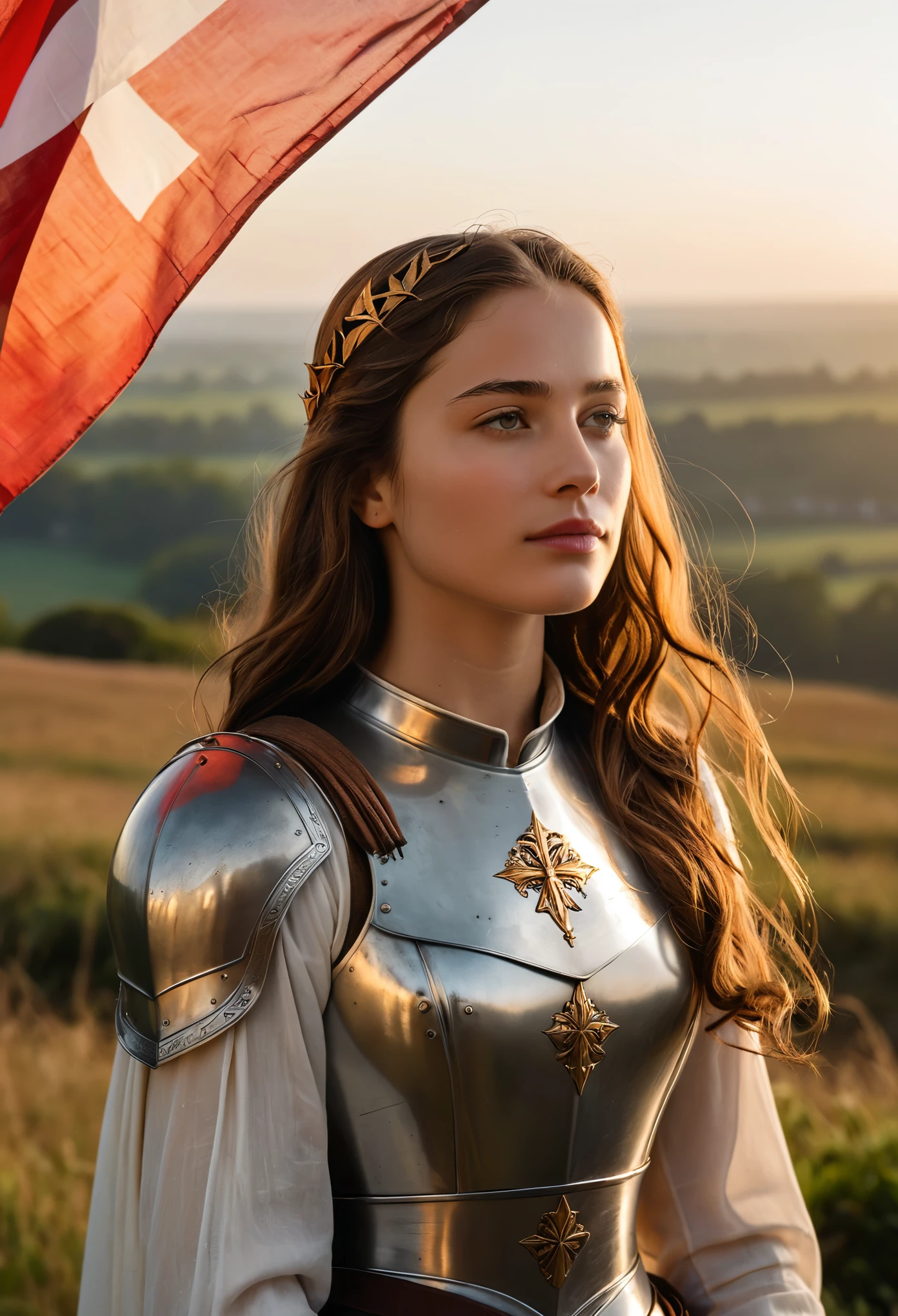 (best quality, 4k, 8k, highres, masterpiece:1.2), ultra-detailed, (realistic, photo realistic,photo-realistic:1.37), 
16yo Joan of Arc stands in a serene moment of contemplation, her delicate features framed by the soft, golden light of dawn. Her face is youthful and serene, with high cheekbones, gentle eyes that convey both vulnerability and unwavering faith, and lips that form a slight, determined smile. There is a subtle, almost otherworldly glow to her skin, emphasizing her divine inspiration.

Her long, wavy hair, the color of chestnut, cascades down her back, free from the confinement of a helmet. A few loose strands gently flutter in the breeze, adding to her ethereal appearance. She is dressed in a simple yet elegant suit of armor, its polished surface reflecting the morning light. The armor, though functional, is beautifully crafted, with delicate engravings of lilies and religious symbols that speak to her holy mission.

In one hand, she holds a slender, elegant sword, its blade shining with an inner light. The sword is both a weapon and a symbol of her divine purpose. In her other hand, she lightly grasps a banner, the flag of France, its fabric gently waving in the soft breeze. The banner is pristine, its vibrant colors a stark contrast to the somber tones of the battlefield in the distance.

Joan stands on a hill overlooking the battlefield, a look of serene determination on her face. The landscape around her is tranquil, with the early morning mist rising from the ground and the first rays of sunlight breaking through the clouds. In the background, the distant sounds of battle are muted, creating a poignant contrast between the chaos of war and the calm resolve of this young heroine.
