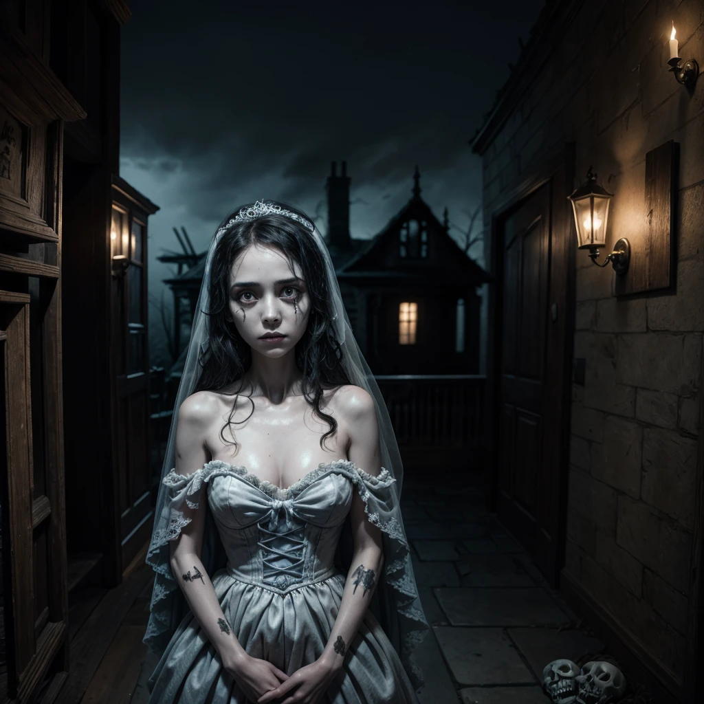 A haunted house, with a scary corpse bride in front, and 3 skeletons next to her