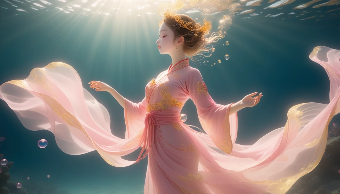 1 Girl, Solitary, Under the Deep Sea, walking underwater;Wearing pink Hanfu,Fairy the same,underwater dance;dancer;Golden water,金色的bubble; Deep Shadows, Extraordinary details, bubble, spark, Sun streaks, seabed, bright, whole body, swirl, Golden Light, Embed:Average runoff, masterpiece, high quality, 4K
