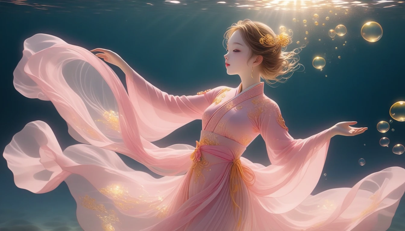 1 Girl, Solitary, Under the Deep Sea, walking underwater;Wearing pink Hanfu,Fairy the same,underwater dance;dancer;Golden water,金色的bubble; Deep Shadows, Extraordinary details, bubble, spark, Sun streaks, seabed, bright, whole body, swirl, Golden Light, Embed:Average runoff, masterpiece, high quality, 4K