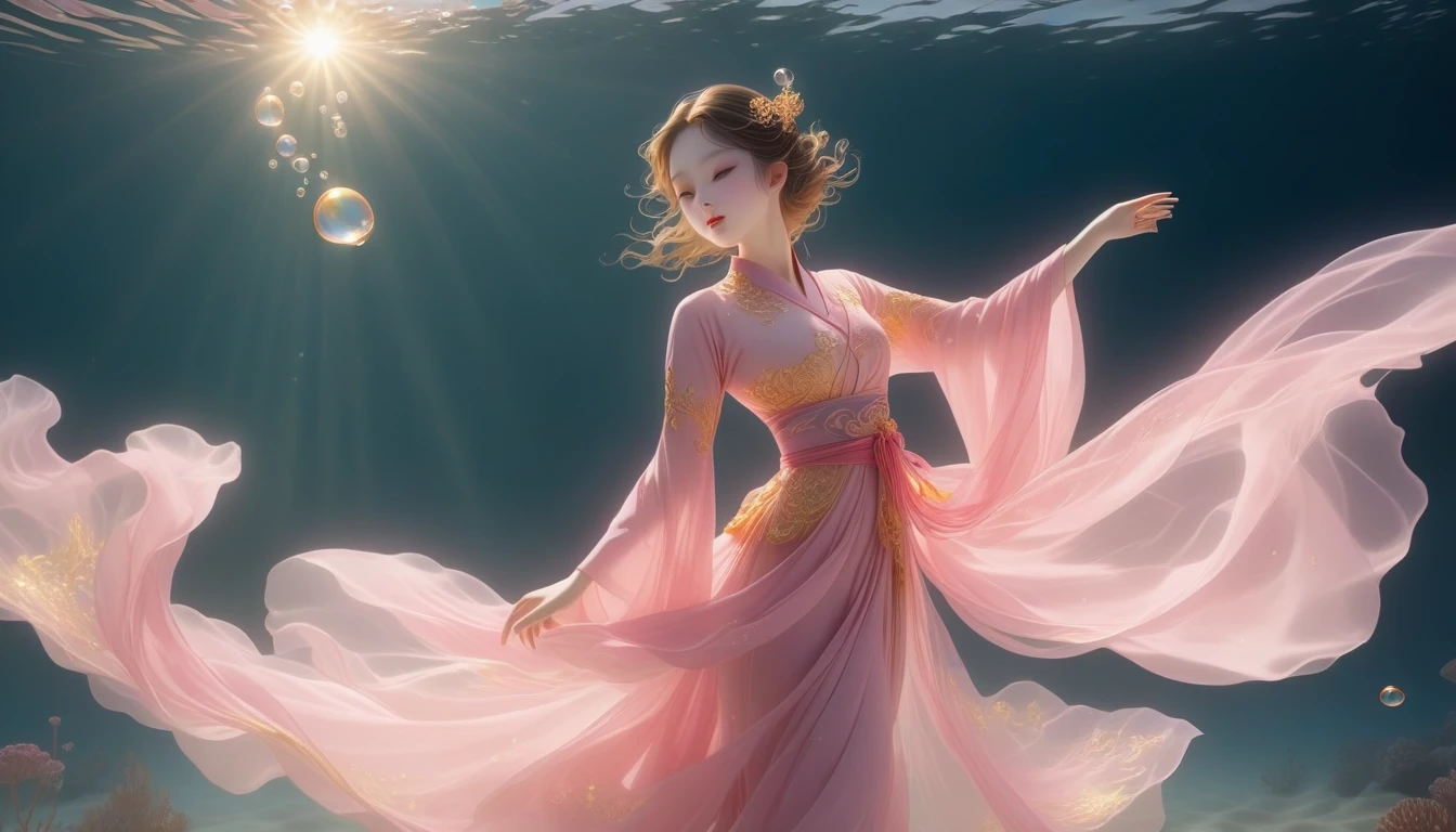 1 Girl, Solitary, Under the Deep Sea, walking underwater;Wearing pink Hanfu,Fairy the same,underwater dance;dancer;Golden water,金色的bubble; Deep Shadows, Extraordinary details, bubble, spark, Sun streaks, seabed, bright, whole body, swirl, Golden Light, Embed:Average runoff, masterpiece, high quality, 4K