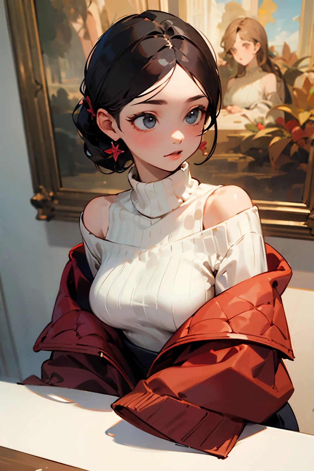 ((best quality)), ((masterpiece)), (detailed), 1girl, off-shoulder sweater,