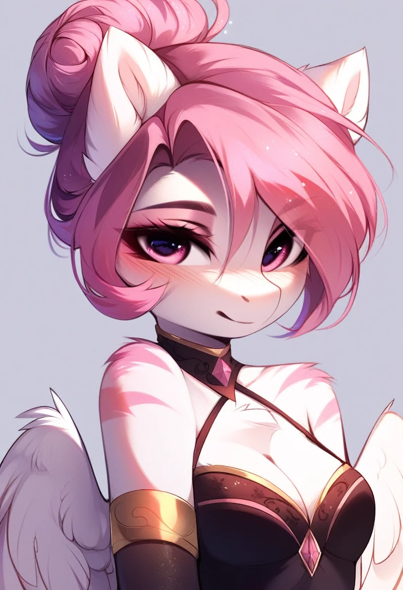 check_9, check_8_up, check_7_up, source_fluffy, rating_safe, from Magnaluna, Celestia poses seductively in a white bedroom, dark pink mane with gold stripes in it, hair bun with bangs, pink eyes, white body, anthro, blushing, wearing goldern lingerie