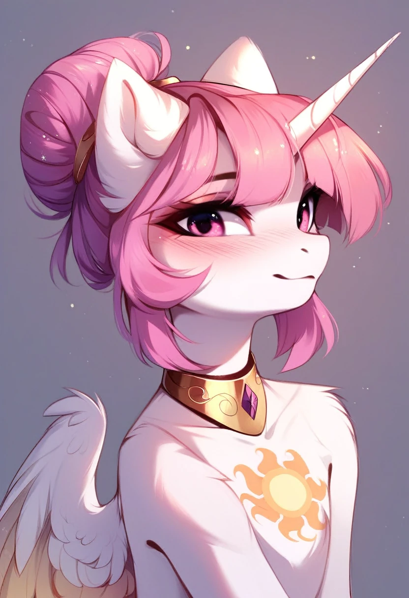 check_9, check_8_up, check_7_up, source_fluffy, rating_safe, from Magnaluna, Celestia poses seductively in a white bedroom, dark pink mane with gold stripes in it, hair bun with bangs, pink eyes, white body, anthro, blushing, wearing goldern lingerie 