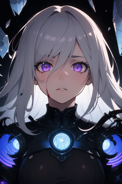 (masterpiece, Highest quality, Super detailed, Best Shadow), (Detailed Background,Dark fantasy), (Beautifully detailed face), High Contrast, (Best lighting, Very delicate and beautiful), ((Cinematic Light)), colorful, Hyper Detail, Dramatic Light, Intricate details, (One girl, alone,Gray Hair, Sharp Face, Purple eyes, Hair between the eyes, Dynamic Angle), Blood splatter, (Black light swirling around the character:1.5), Depth of written boundary, black light particles, (Broken glass), magic circle