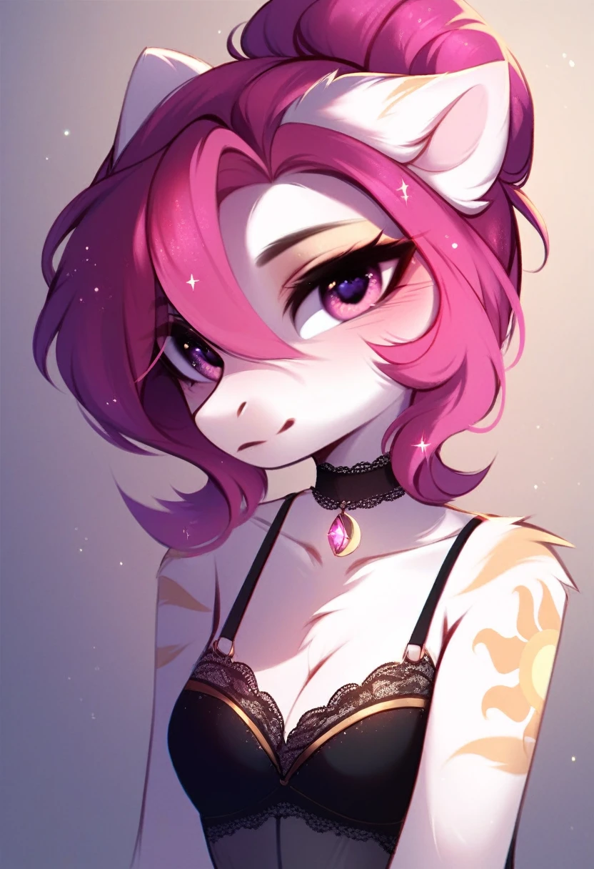 check_9, check_8_up, check_7_up, source_fluffy, rating_safe, from Magnaluna, Celestia poses seductively in a white bedroom, dark pink mane with gold stripes in it, hair bun with bangs, pink eyes, white body, anthro, blushing, wearing goldern lingerie