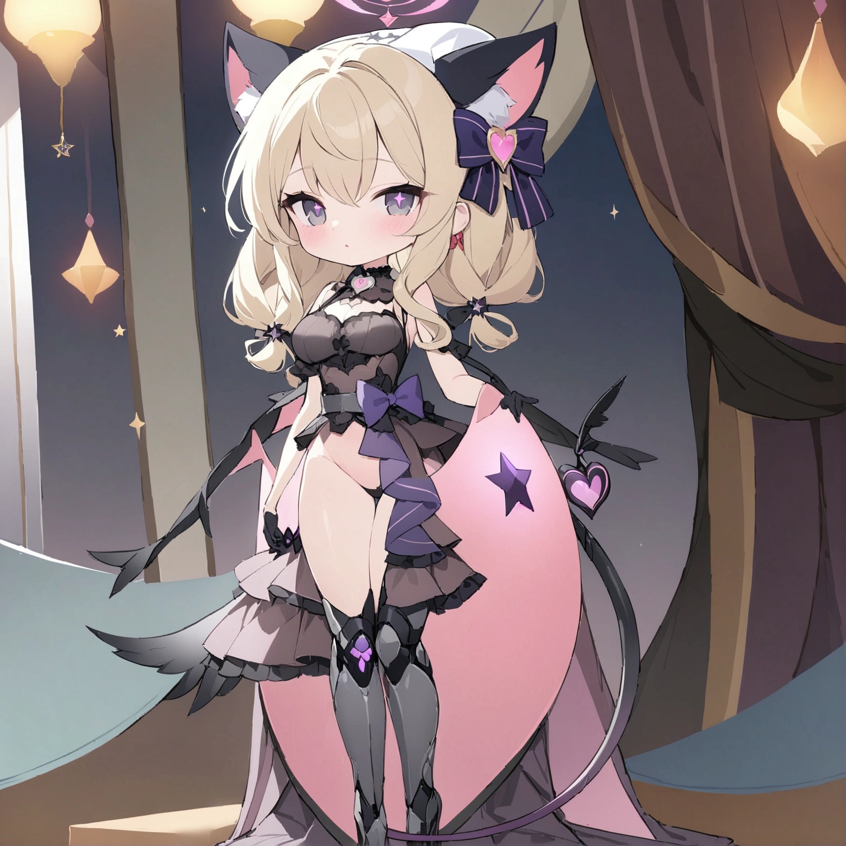 Woman 170cm tall, big ?????, wide hip. (character design sheet: Full body front view). (blonde hair, waist-length curly wavy hair with a short center strand, She has a short braid tied with an elegant purple bow on the left side of her hair.. She has a short braid tied with an elegant purple bow on the right side of her hair. She has small ribbons in the back of her hair.). Gray eyes with a purple 4-pointed star in the pupil. Two black and purple serval ears located on the top of the head. Luminous black halo with purple star patterns above his head. black necklace with a heart emblem on the neck. (Elegant one-piece long dress with lace and ruffle skirt, ribbon decorations and star patterns on the dress). black gloves, beautiful black platform heels. gray belt at the waist with a large ribbon with a luminous pink heart in the middle. He has a complex demon tail with a small purple star on the tip.. (It has complex mechanical legs that reach up to the thighs and are black with small purple details.). beautiful detailed hair, beautiful detailed dress. extremely detailed arms. extremely detailed face, small face, Beautiful detailed eyes, beautiful detailed lips. adorable. extremely detailed legs. (Best Quality, 4k, 8k, high resolution), ultra detailed, Exquisite and epic character art.