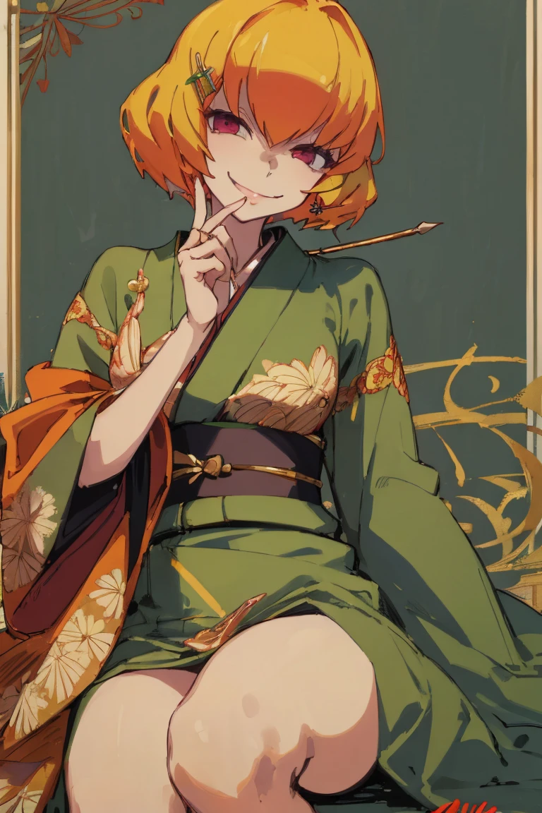 ((Highest quality)), ((masterpiece)), (be familiar with),Clementine,Overload,nsfw,kimono,Gorgeous green dress,Gold embroidery,hairpin,Captivating smile