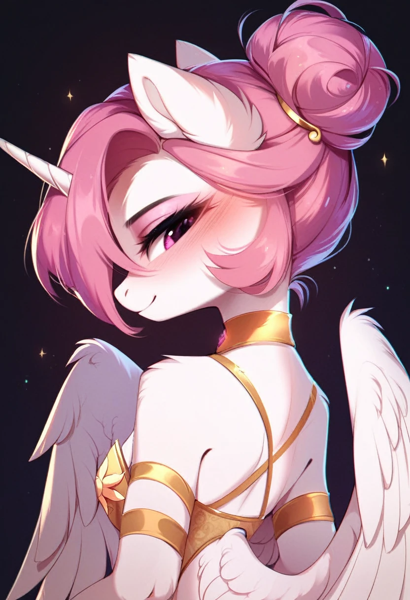 check_9, check_8_up, check_7_up, source_fluffy, rating_safe, from Magnaluna, Celestia poses seductively in a white bedroom, dark pink mane with gold stripes in it, hair bun with bangs, pink eyes, white body, anthro, blushing, wearing goldern lingerie 