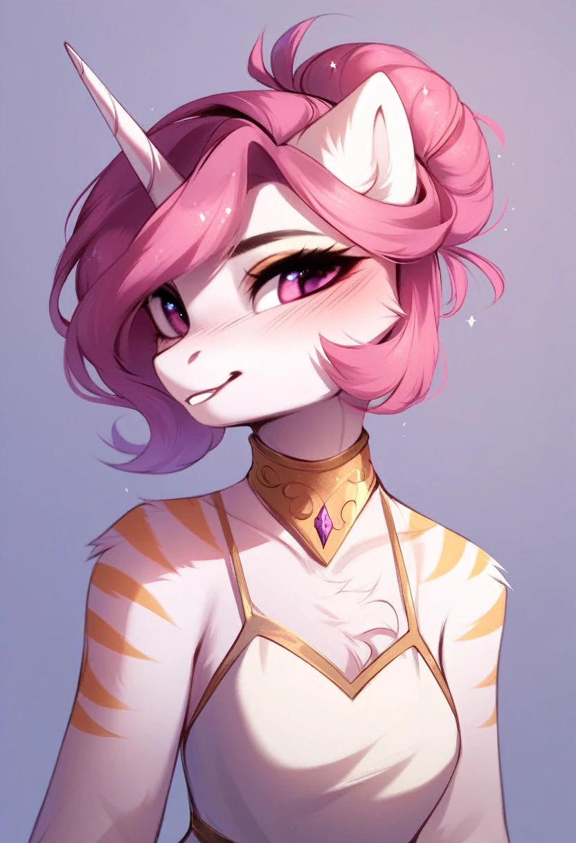 check_9, check_8_up, check_7_up, source_fluffy, rating_safe, from Magnaluna, Celestia poses seductively in a white bedroom, dark pink mane with gold stripes in it, hair bun with bangs, pink eyes, white body, anthro, blushing, wearing goldern lingerie 