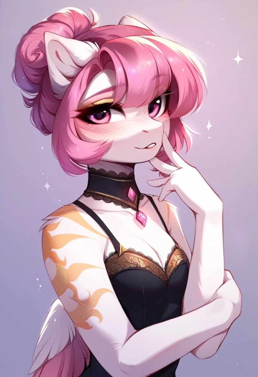 check_9, check_8_up, check_7_up, source_fluffy, rating_safe, from Magnaluna, Celestia poses seductively in a white bedroom, dark pink mane with gold stripes in it, hair bun with bangs, pink eyes, white body, anthro, blushing, wearing goldern lingerie