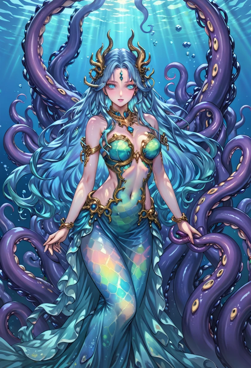 [translucent:opal:0.5], High quality bust，Only need to appear above the waist，No legs appear，The character needs to enter from the waist up，Reflective Transparent Opaque See-through Sarong, krakens, Long hair, 白色Long hair，Mermaid, Goddess of the sea, Ocean Goddess，Tentacles, Full face blush, Intricate details, light, excellent quality, Amazing shadows, Detailed description, Official Artwork, wallpaper, Official Art, Extremely detailed eyes and face, Beautiful and delicate eyes, ((masterpiece, best quality)), from the side, whole body, Hook of Holland, Umbilical cord,Half-body image,cowboy shot