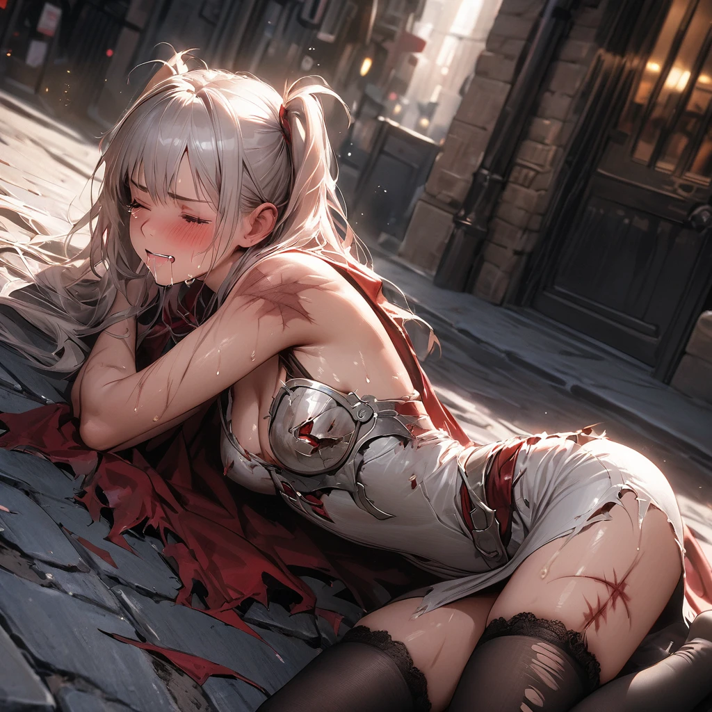 (best quality), (masterpiece, realistic), high res, all detailed, perfect anatomy, (two side up), long hair, silver hair, (red pencil Dress, single shoulders armor, single shoulders Cape, pencil miniskirt), medium cleavage, black thigh-highs, (injury skin, scar skin, bleeding skin, torn clothes:1.2), Broken Armor, BREAK NSFW, solo, 1girl, lying, on back, (tears), sigh, blush, sweat, saliva trail, (outdoors, street, stone flooring), cinematic lighting, diffraction spikes, zettai ryouiki, three quarter view