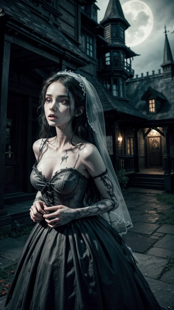  A haunted house, with a scary corpse bride in front, and 3 skeletons next to her